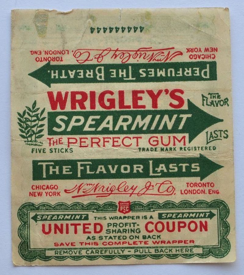 #4 1920s Vintage Wrigley's Spearmint Chewing Gum Wrapper VF Condition ...